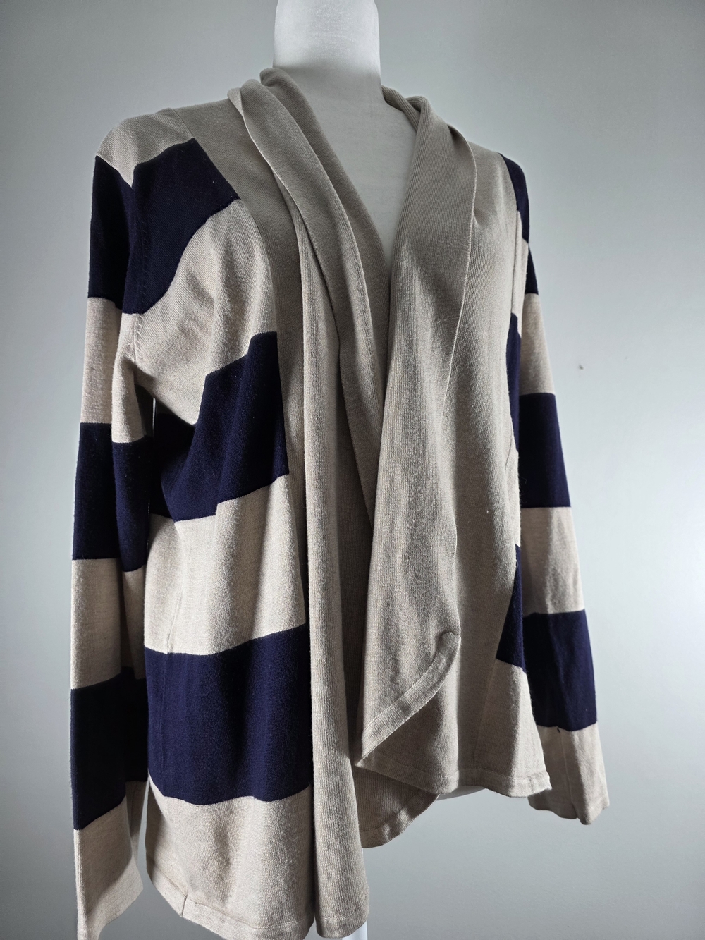 Women’s Striped Open Front Cardigan Size Large Beige Navy